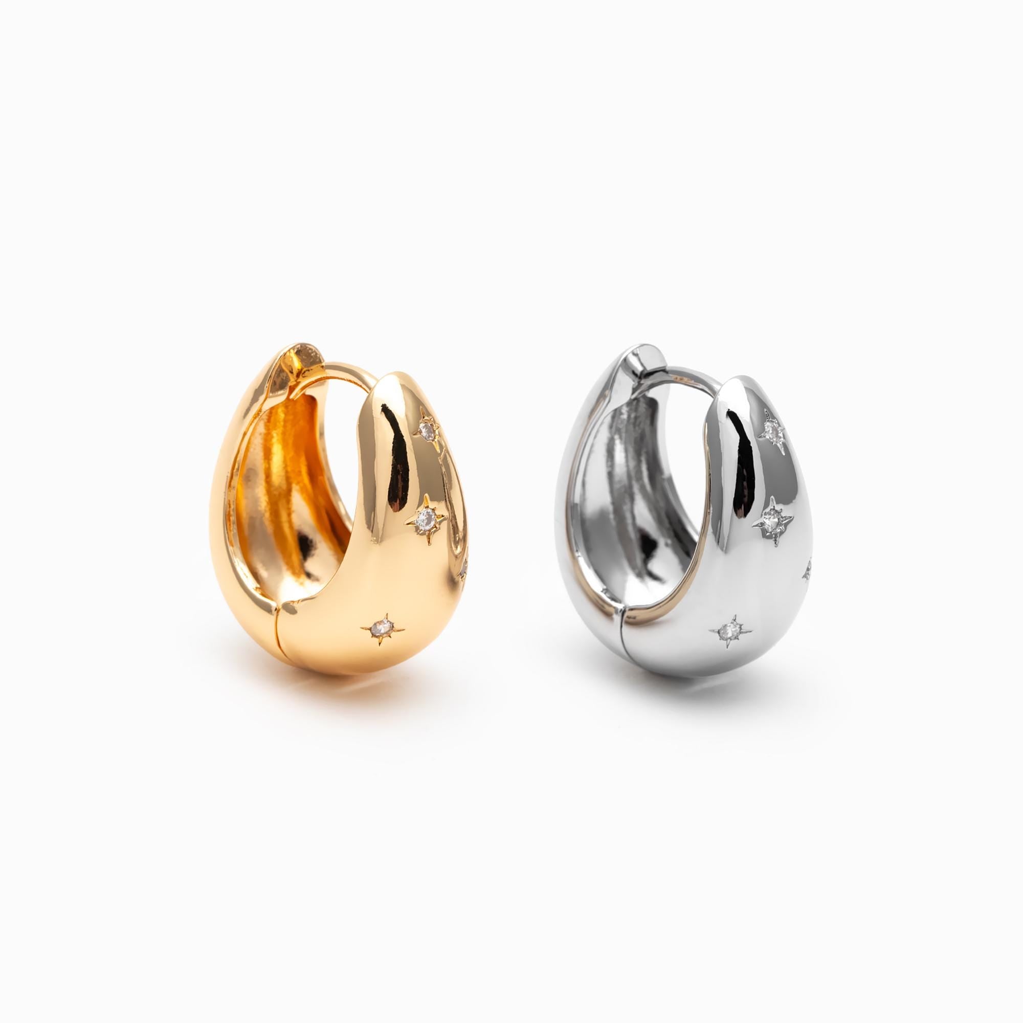 4pcs Gold/ Silver tone Oval Hoop Earrings, 18K Real Gold/ Rhodium plated Brass, CZ Pave Huggie Earrings (GB-4751)